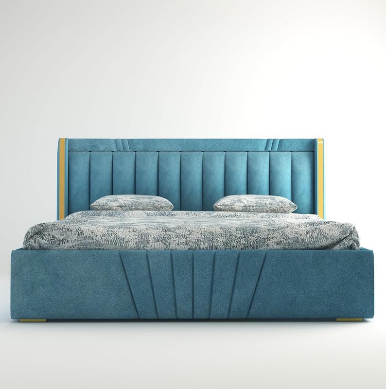 STRATA FURNITUR Upholstered Queen Size Bed with Box Storage for Bedroom Furniture Solid Wood Fabric Bed Wooden Double Bed Cot Palang for Home Living Room and Hotels (Blue)