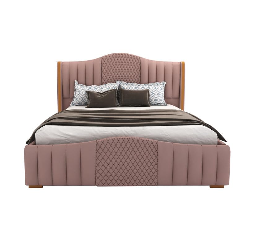 STRATA FURNITUR Sheesham Wood Queen Size Platfrom Bed with Box Storage and Upholstered Headboard | Stylish Wooden Double Bed Cot Palang Furniture for Bedroom, Hotel, Living Room and Home (Onion Pink)