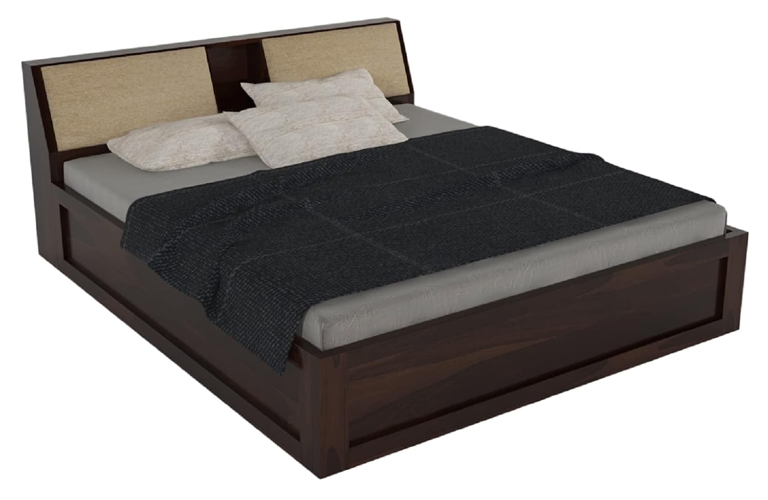 STRATA FURNITURE Sheesham Wood Queen Size Bed with Box and Headboard Storage for Bedroom Home (Walnut Finish)
