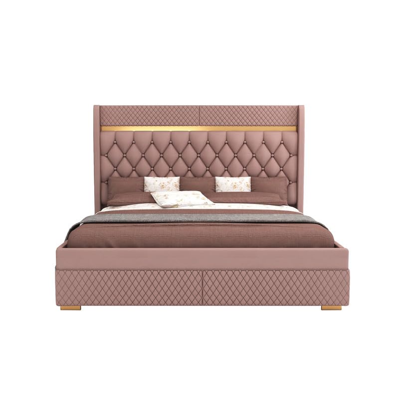 STRATA FURNITUR Sheesham Wood King Size Bed with Box Storage and Upholstery Tufted Headboard | Modern Wooden Double Bed Cot Palang Furniture for Bedroom, Hotels, Living Room, and Home (Onion Pink)