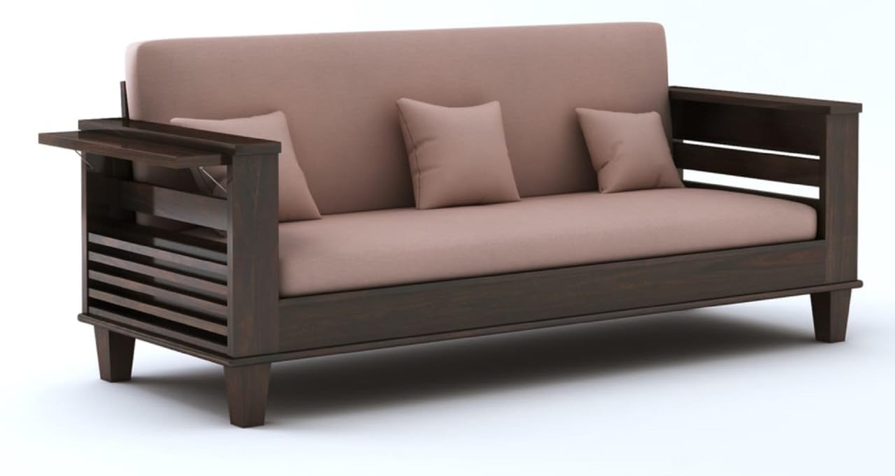 STRATA FURNITURE Sheesham Wood 3-Person Sofa Set for Living Room Office Home Wooden Sofa Cum Bed with Side Magzine Newspaper Holder (Walnut Finish)