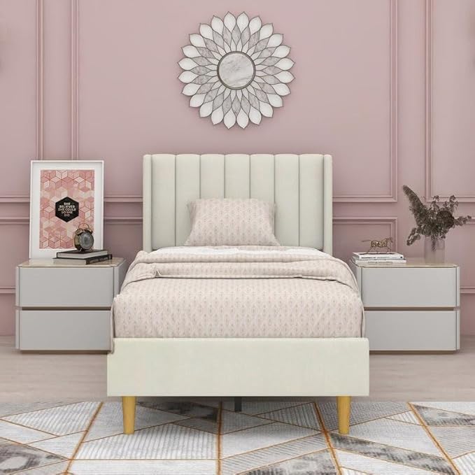 STRATA FURNITURE Upholstered Single Size Bed Without Storage for Bedroom Furniture Solid Wood Fabric Bed Wooden Single Bed Cot Palang for Home Living Room and Hotels (White)