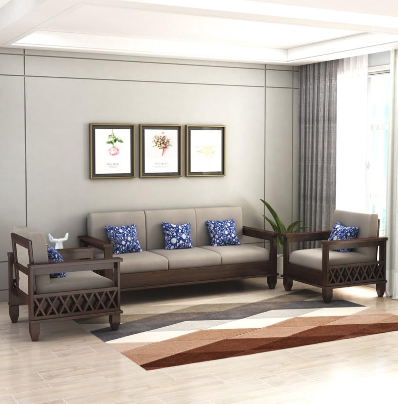 STRATA FURNITURE Solid Sheesham Wood 5 Seater SofaSet for Living Rooms 3+1+1 Wooden Sofa Set for Home and Office (Walnut Brown)