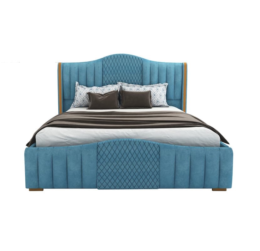 STRATA FURNITUR Sheesham Wood Queen Size Platfrom Bed with Box Storage and Upholstered Headboard | Stylish Wooden Double Bed Cot Palang Furniture for Bedroom, Hotels, Living Room, and Home (Blue)