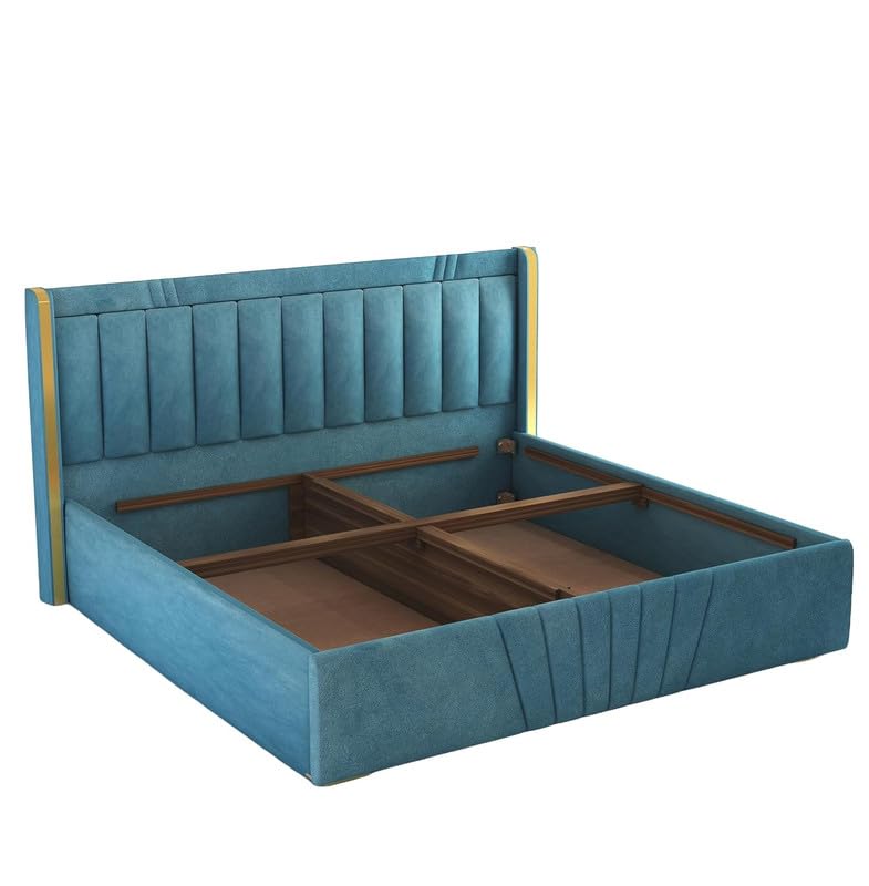 STRATA FURNITUR Upholstered Queen Size Bed with Box Storage for Bedroom Furniture Solid Wood Fabric Bed Wooden Double Bed Cot Palang for Home Living Room and Hotels (Blue)