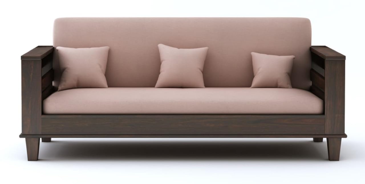 STRATA FURNITURE Sheesham Wood 3-Person Sofa Set for Living Room Office Home Wooden Sofa Cum Bed with Side Magzine Newspaper Holder (Walnut Finish)