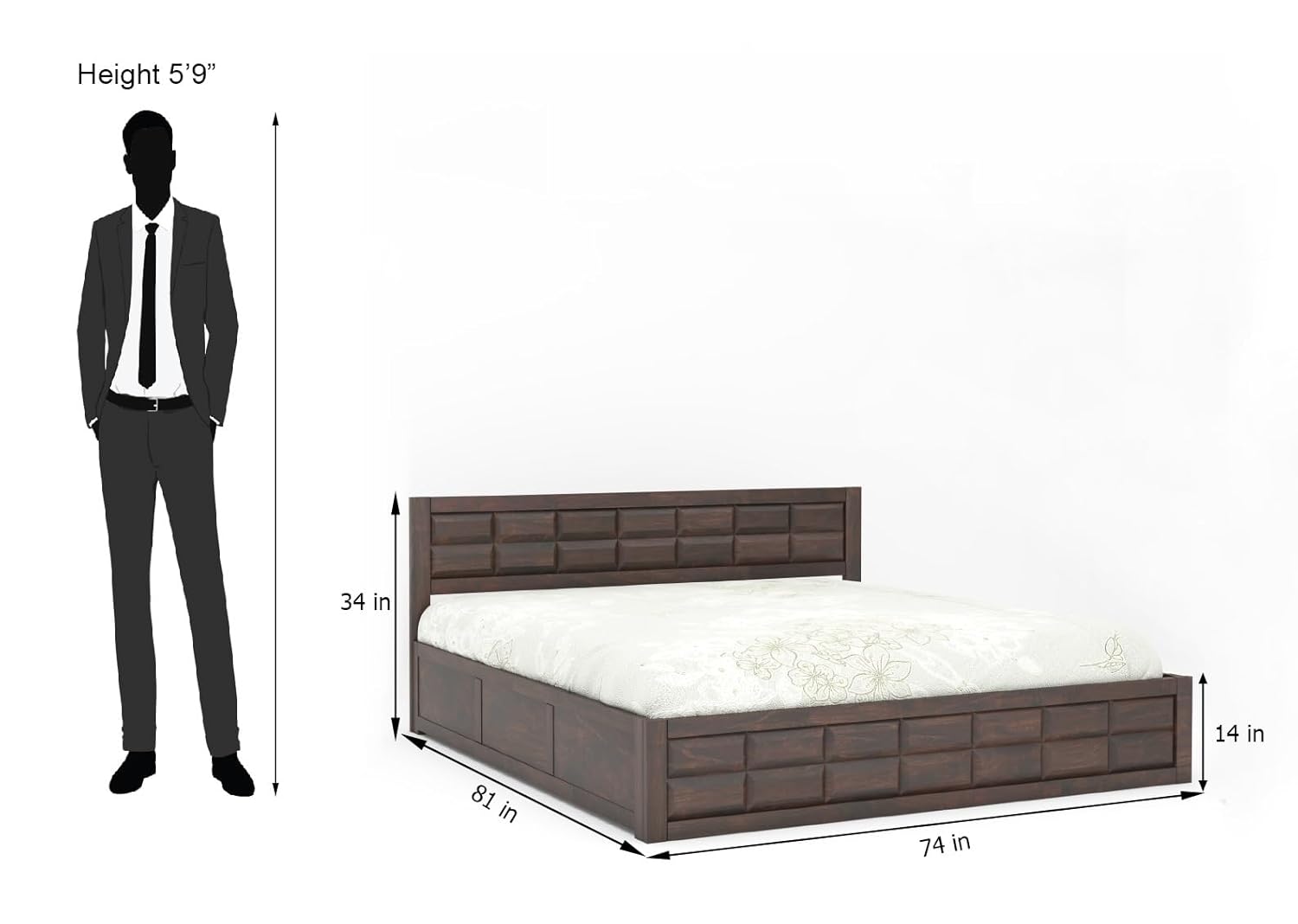 STRATA FURNITURE Solid Sheesham Wood Queen Size Bed with Box Storage | Wooden Double Bed Cot Palang Furniture for Bedroom Living Room and Home (Walnut Finish)