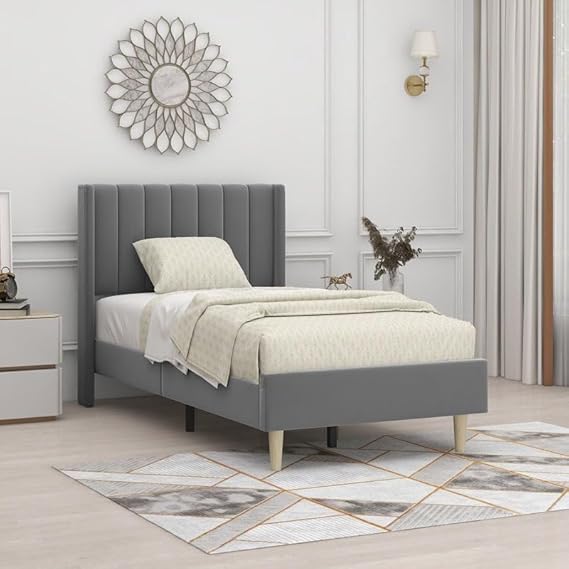STRATA FURNITURE Wooden Queen Size Wingback Headboard Bed Cot Without Storage Upholstered Double Bed for Bedroom Living Room Home (Dark Grey Finish)