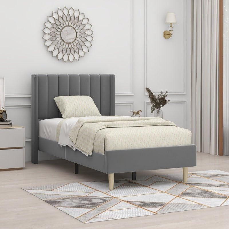 STRATA FURNITURE Wooden King Size Wingback Headboard Bed Cot Without Storage Upholstered Double Bed for Bedroom Living Room Home (Dark Grey Finish)