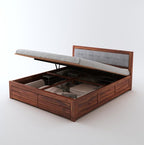 STRATA FURNITURE Sheesham Wood Queen Size Bed with Hydraulic Storage and Cushion Headboard Wooden Double Bed Cot Palang for Living Room Bedroom Home (Honey Finish)