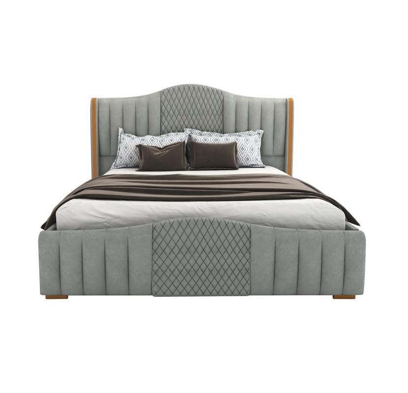 STRATA FURNITUR Sheesham Wood Queen Size Platfrom Bed with Box Storage and Upholstered Headboard | Stylish Wooden Double Bed Cot Palang Furniture for Bedroom, Hotels, Living Room, and Home (Grey)