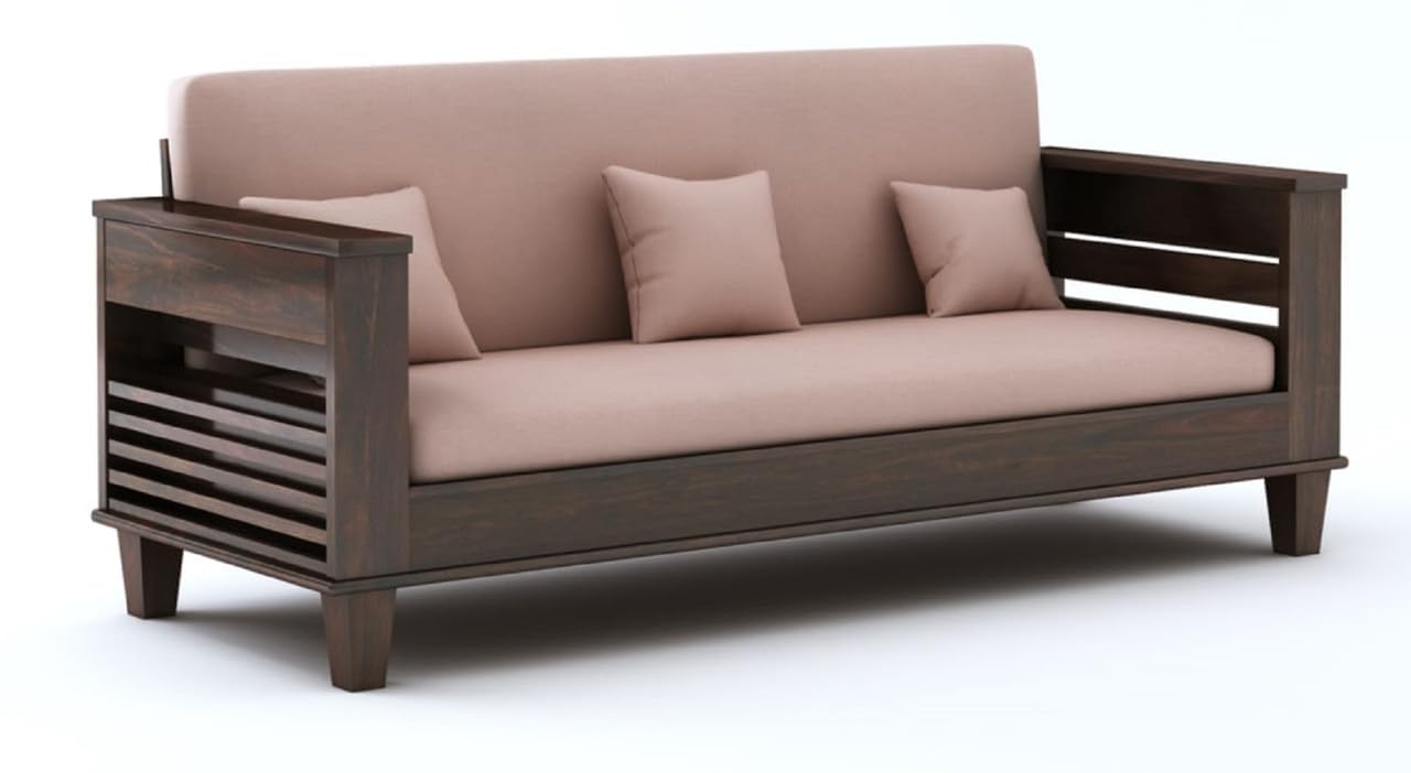 STRATA FURNITURE Sheesham Wood 3-Person Sofa Set for Living Room Office Home Wooden Sofa Cum Bed with Side Magzine Newspaper Holder (Walnut Finish)