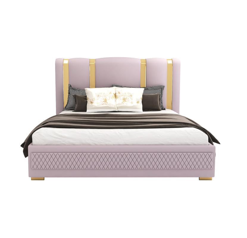 STRATA FURNITUR Sheesham Wood Queen Size Platfrom Bed with Box Storage and Upholstered Headboard | Modern Wooden Double Bed Cot Palang Furniture for Bedroom, Hotels, Living Room, Home (Light Purple)