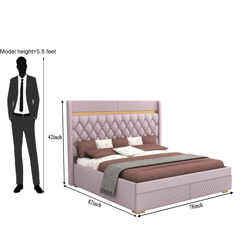 STRATA FURNITUR Sheesham Wood King Size Bed with Hydraulic Box Storage and Upholstery Tufted Headboard | Wooden Double Bed Cot Palang Furniture for Bedroom, Hotels, Living Room, Home (Light Purple)