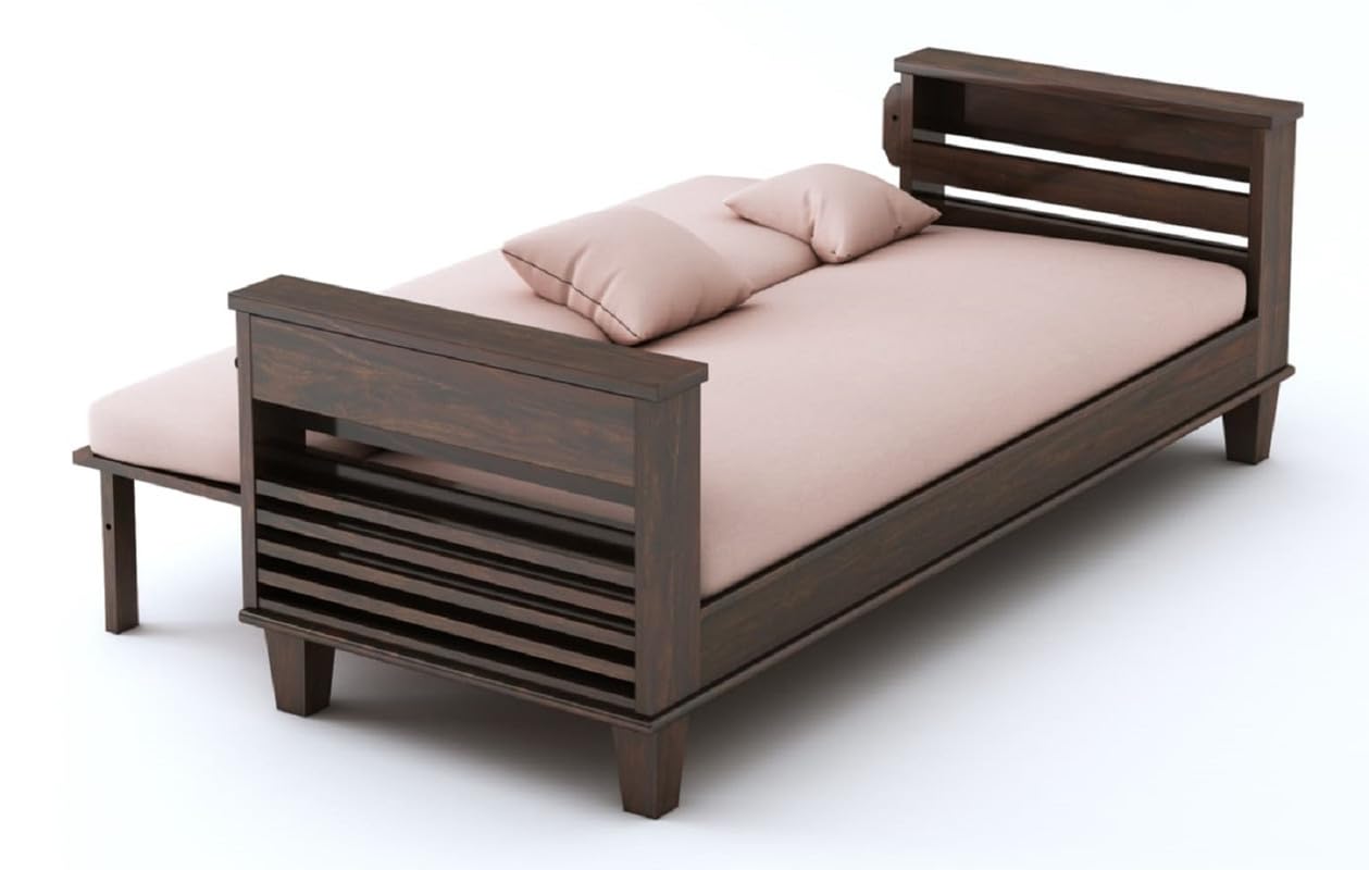STRATA FURNITURE Sheesham Wood 3-Person Sofa Set for Living Room Office Home Wooden Sofa Cum Bed with Side Magzine Newspaper Holder (Walnut Finish)