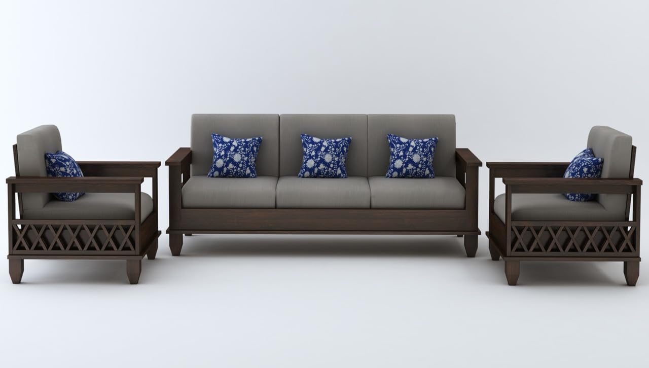 STRATA FURNITURE Solid Sheesham Wood 5 Seater SofaSet for Living Rooms 3+1+1 Wooden Sofa Set for Home and Office (Walnut Brown)