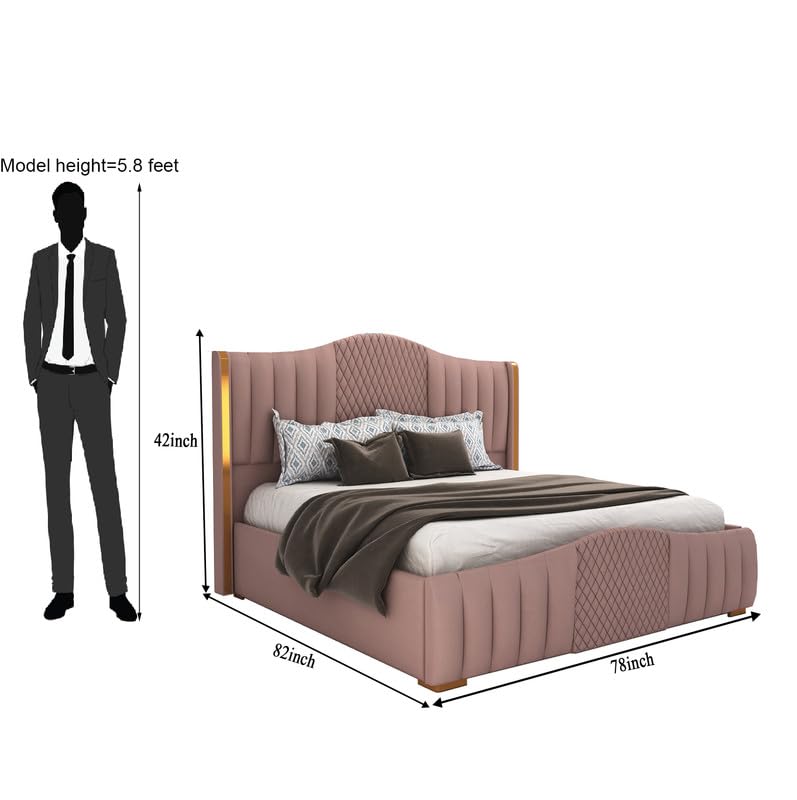 Sheesham Wood King Size Platfrom Bed with Box Storage and Upholstered Headboard | Stylish Wooden Double Bed Cot Palang Furniture for Bedroom, Hotel, Living Room, and Home (Onion Pink)