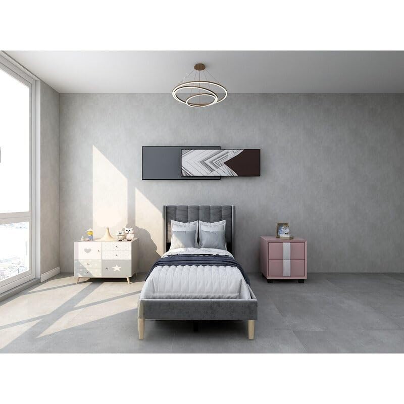 STRATA FURNITURE Upholstered Single Size Bed Without Storage for Bedroom Furniture Solid Wood Fabric Bed Wooden Single Bed Cot Palang for Home Living Room and Hotels (Grey)