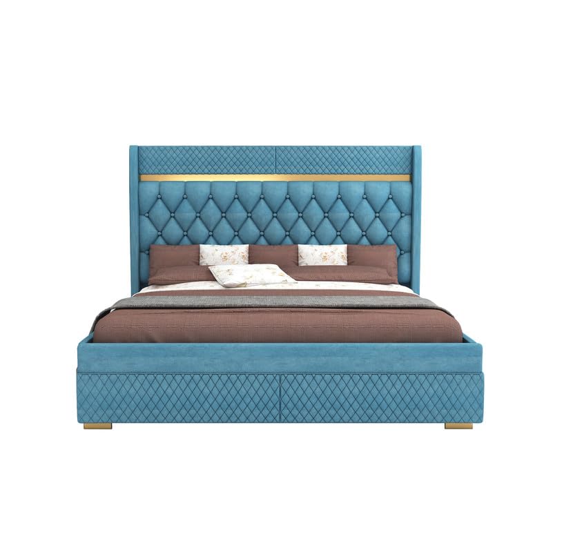STRATA FURNITUR Sheesham Wood Queen Size Bed with Hydraulic Box Storage and Upholstery Tufted Headboard | Wooden Double Bed Cot Palang Furniture for Bedroom, Hotels, Living Room, and Home (Blue)
