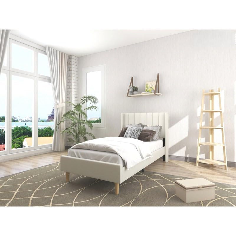 STRATA FURNITURE Upholstered Single Size Bed Without Storage for Bedroom Furniture Solid Wood Fabric Bed Wooden Single Bed Cot Palang for Home Living Room and Hotels (White)