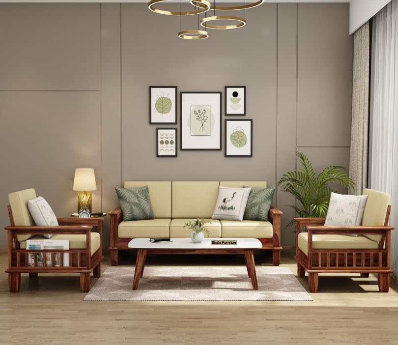 STRATA FURNITURE Sheesham Wood 3 Seater Sofa Set for Living Room Home Office Solid Wood Sofa Set Furniture Wooden Sofa Set 3 Seater (Honey Finish)