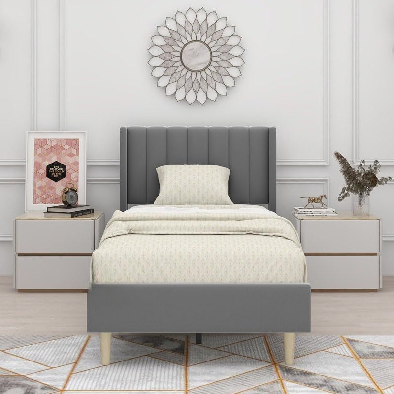 STRATA FURNITURE Wooden Queen Size Wingback Headboard Bed Cot Without Storage Upholstered Double Bed for Bedroom Living Room Home (Dark Grey Finish)