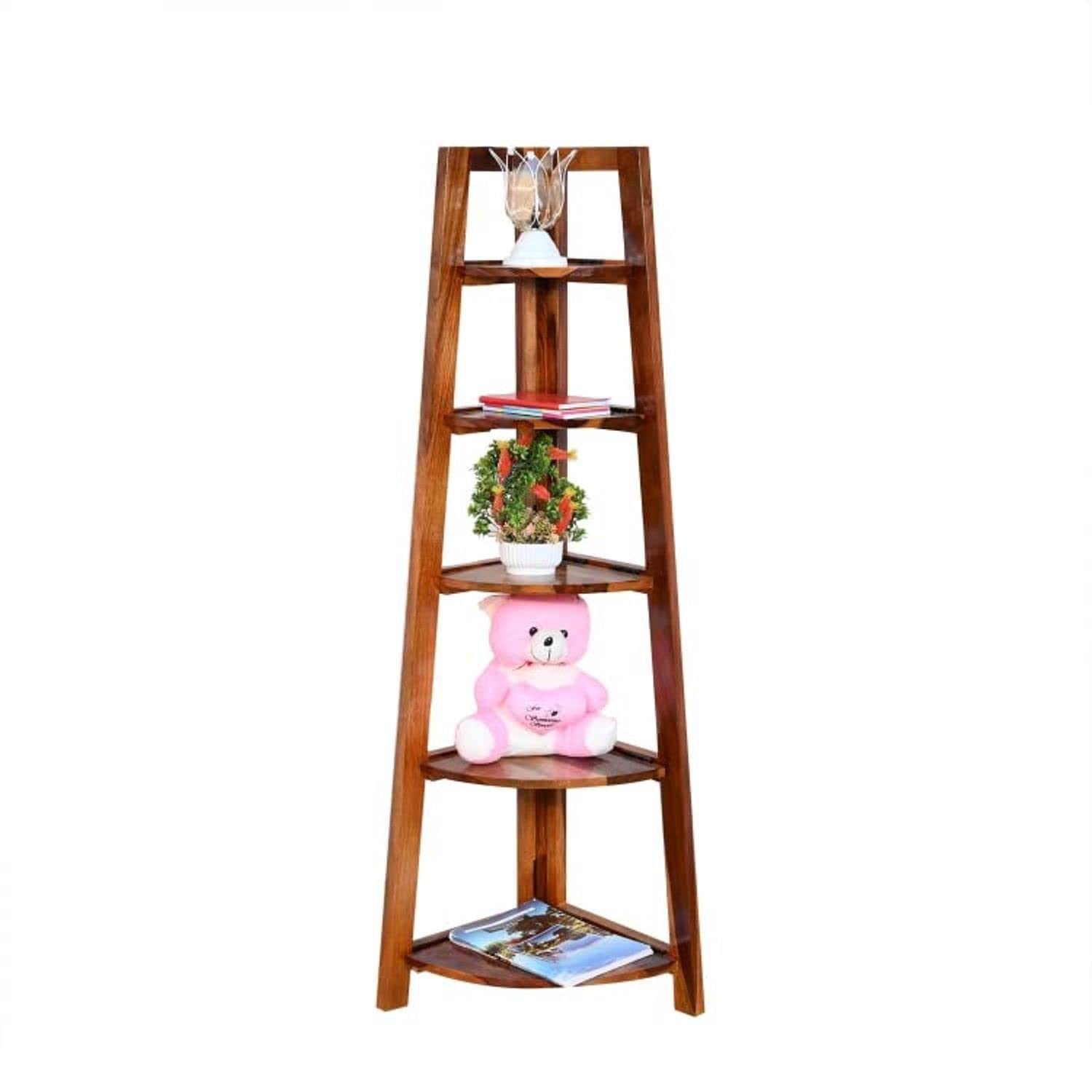 STRATA FURNITURE Solid Sheesham Wood 5 Tier Ladder Corner Shelf for Home and Living Room Decorative Wooden Display Rack (Brown)