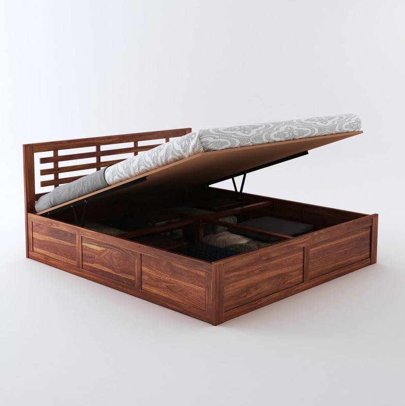 STRATA FURNITURE Sheesham Wood King Size Bed with Hydraulic Storage and Headboard for Bedroom Living Room Home | Wooden Double Bed Cot Palang Furniture (Honey Finish)