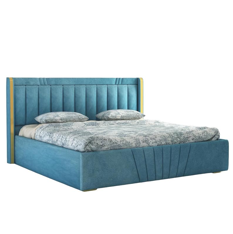 STRATA FURNITUR Upholstered Queen Size Bed with Box Storage for Bedroom Furniture Solid Wood Fabric Bed Wooden Double Bed Cot Palang for Home Living Room and Hotels (Blue)