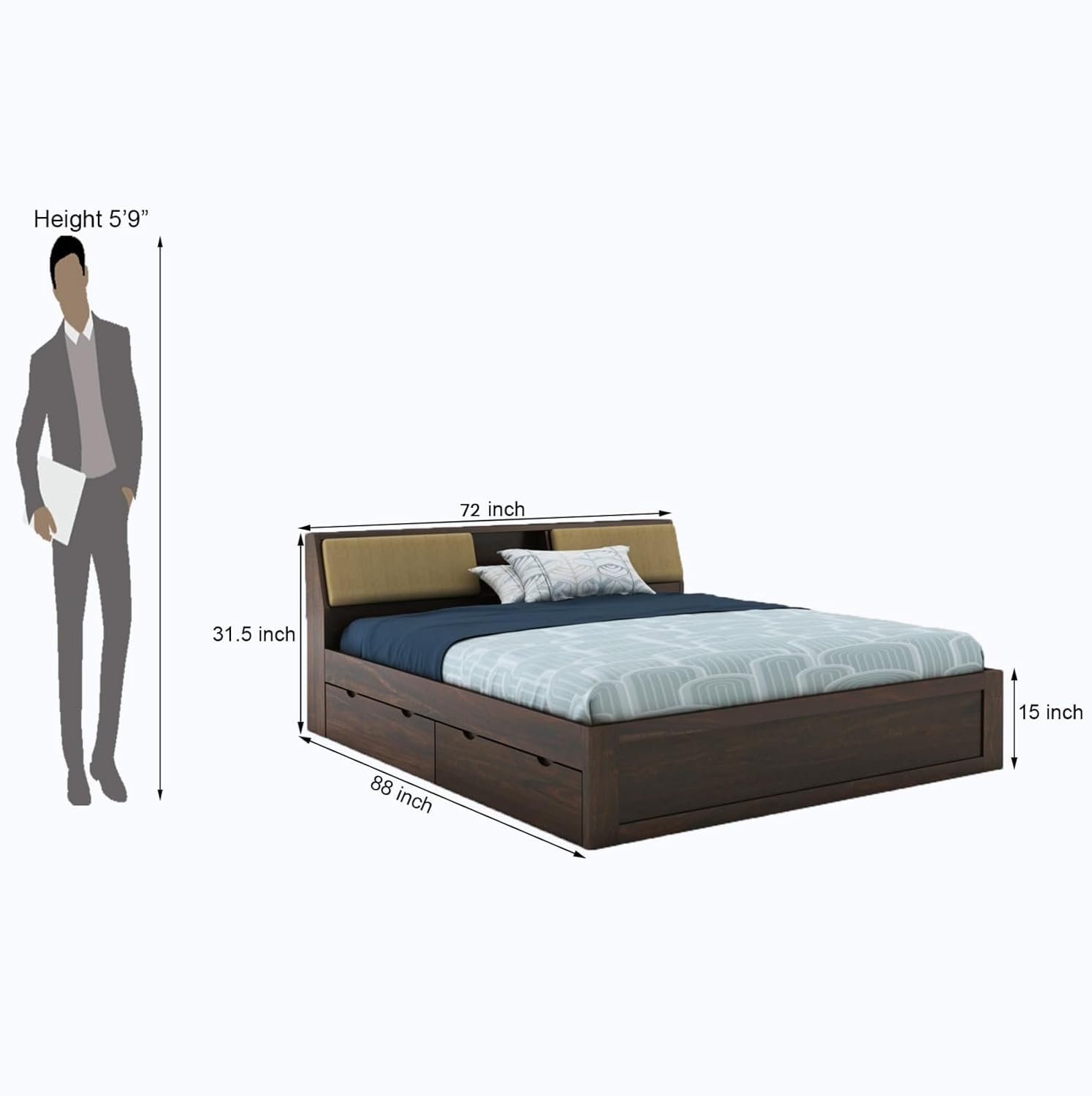 STRATA FURNITURE Sheesham Wood King Size Bed with Drawer Storage Solid Wood Double Bed Palang Wooden Bed for Bedroom Living Room Furniture (Walnut Finish)