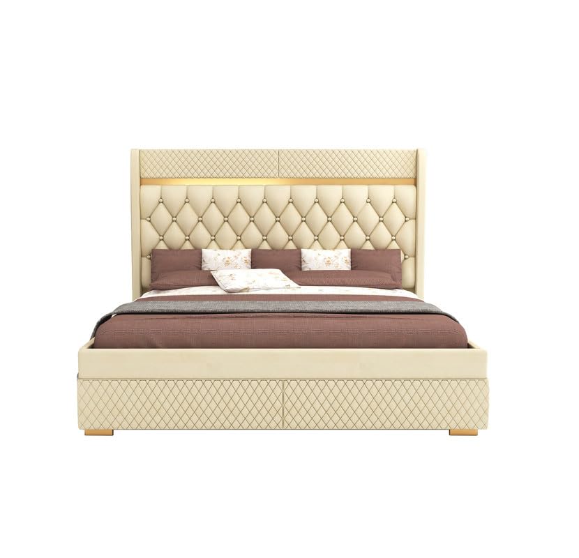 STRATA FURNITUR Sheesham Wood Queen Size Bed with Hydraulic Box Storage and Upholstery Tufted Headboard | Wooden Double Bed Cot Palang Furniture for Bedroom, Hotels, Living Room, and Home (Beige)