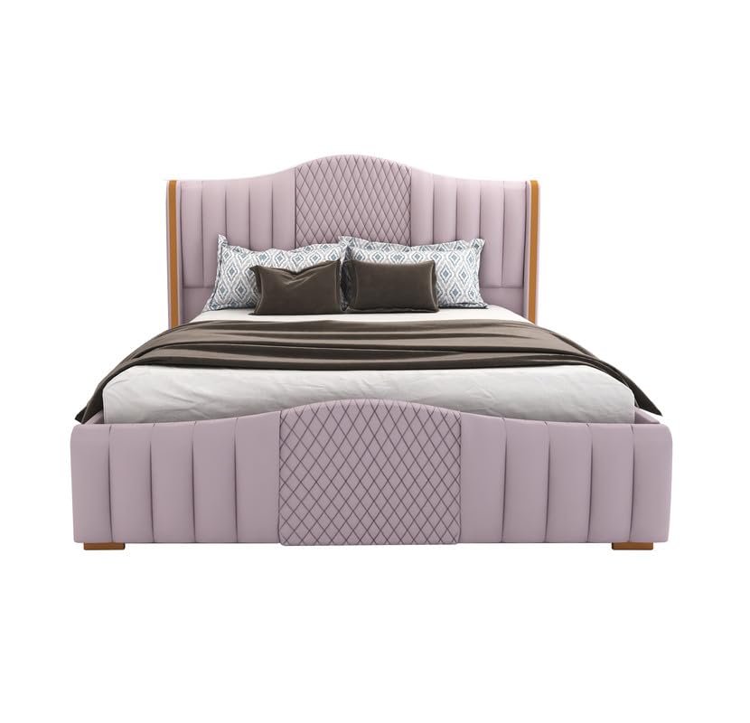 STRATA FURNITUR Sheesham Wood Queen Size Platfrom Bed with Box Storage and Upholstered Headboard | Stylish Wooden Double Bed Cot Palang Furniture for Bedroom, Hotels, Living Room, Home (Light Purple)