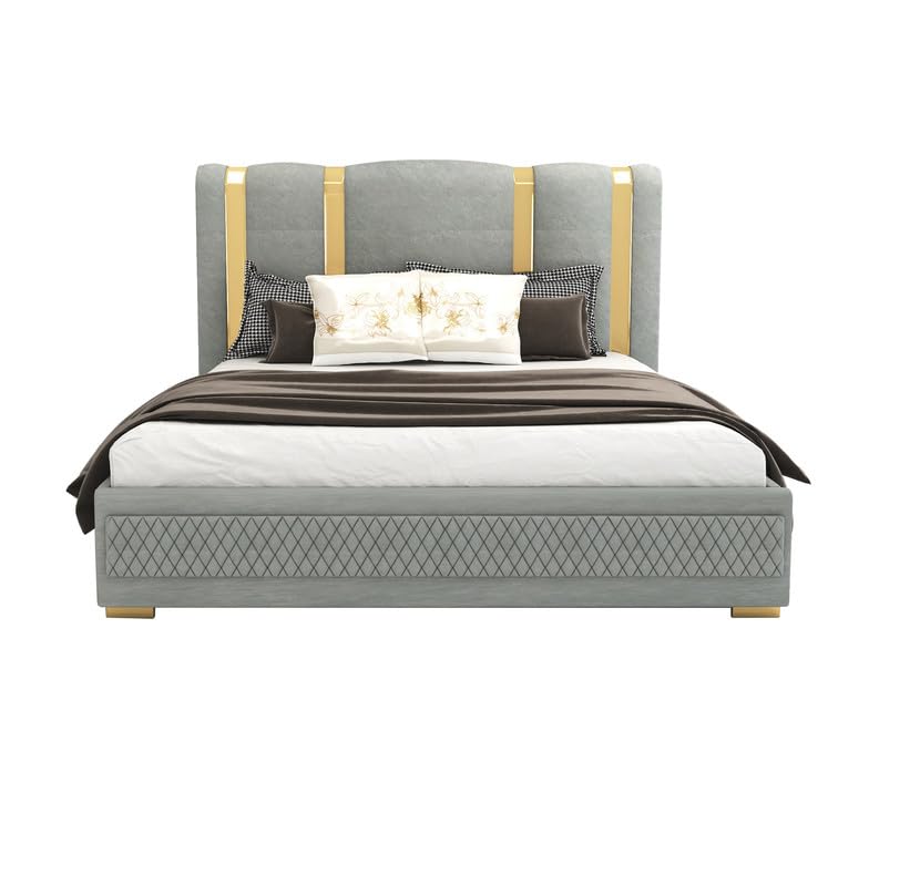 STRATA FURNITUR Sheesham Wood Queen Size Platfrom Bed with Box Storage and Upholstered Headboard | Modern Wooden Double Bed Cot Palang Furniture for Bedroom, Hotels, Living Room, and Home (Grey)