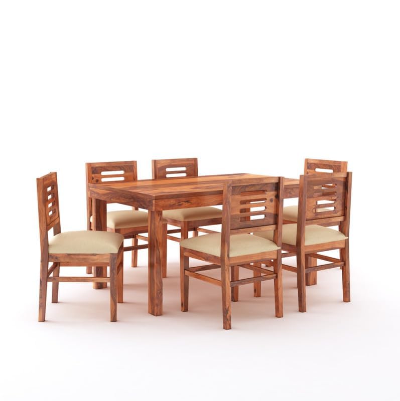STRATA FURNITURE Solid Sheesham Wood 6 Seater Dining Table Set with Cushioned Chairs - 6 Chairs and 1 Table Dining Set for Dining Room Living Room Home Office Hotels Restaurant (Honey Finish)