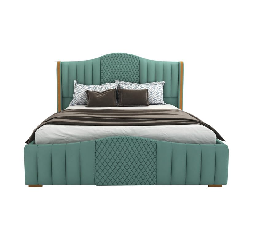 STRATA FURNITUR Sheesham Wood Queen Size Platfrom Bed with Box Storage and Upholstered Headboard | Stylish Wooden Double Bed Cot Palang Furniture for Bedroom, Hotel, Living Room, and Home (Greendust)