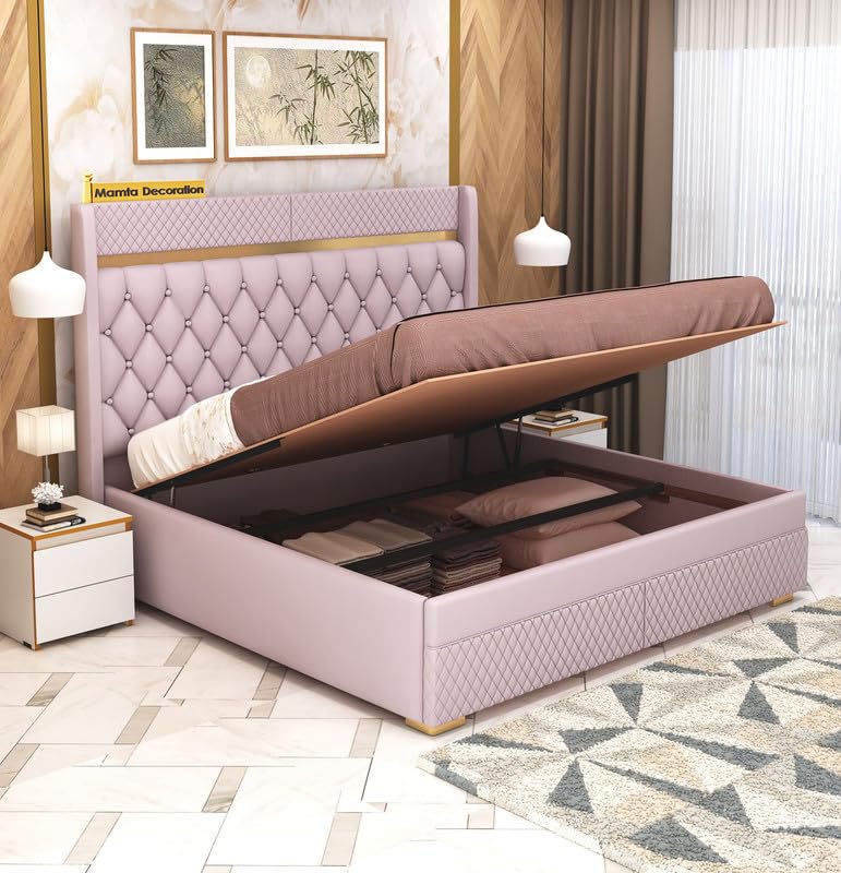 STRATA FURNITUR  Sheesham Wood Queen Size Bed with Hydraulic Box Storage and Upholstery Tufted Headboard | Wooden Double Bed Cot Palang Furniture for Bedroom, Hotels, Living Room, Home (Light Purple)