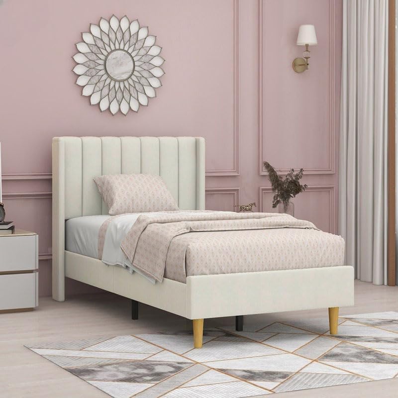 STRATA FURNITURE Upholstered Single Size Bed Without Storage for Bedroom Furniture Solid Wood Fabric Bed Wooden Single Bed Cot Palang for Home Living Room and Hotels (White)