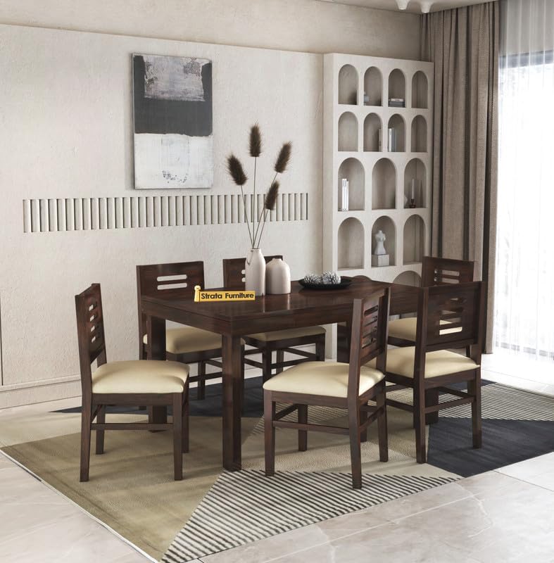 STRATA FURNITURE Solid Sheesham Wood 4 Seater Dining Table Set with Cushioned Chairs - 4 Chairs and 1 Table Dining Set for Dining Room Living Room Home Office Hotels Restaurant (Walnut Finish)