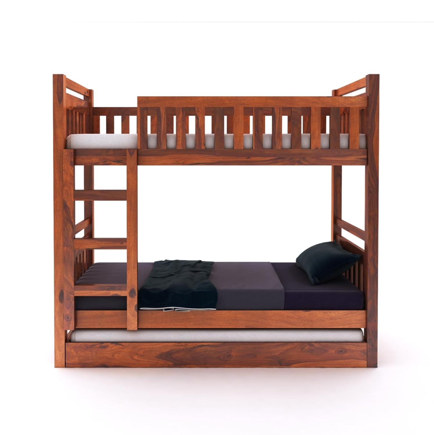 STRATA FURNITURE Solid Sheesham Wood Bunk Bed With Trundle Wooden Bunk Bed With Ladder For Bedroom Living Room Home (Honey Finish), 2.08 Meters, 99.06 CM, 167.64 Cm