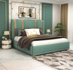 STRATA FURNITUR Sheesham Wood Queen Size Platfrom Bed with Box Storage and Upholstered Headboard | Modern Wooden Double Bed Cot Palang Furniture for Bedroom, Hotels, Living Room, and Home (Greendust)
