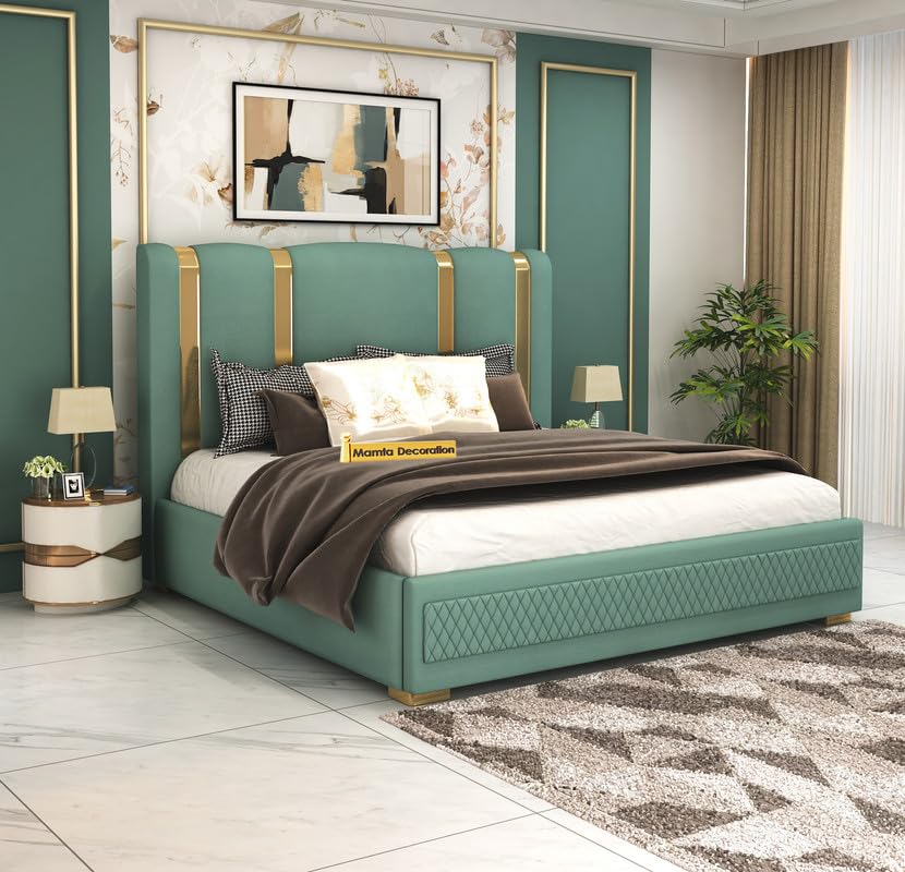 STRATA FURNITUR Sheesham Wood Queen Size Platfrom Bed with Box Storage and Upholstered Headboard | Modern Wooden Double Bed Cot Palang Furniture for Bedroom, Hotels, Living Room, and Home (Greendust)
