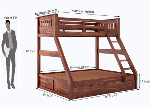 STRATA FURNITURE Sheesham Wood Bunk Bed with 2 Drawer Storage Wooden Double Bed Furniture for Bedroom Home (Natural Finish)