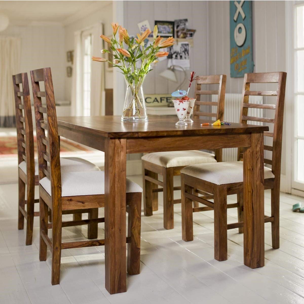 Sheesham Wood 4 Seater Dining Table Set with 4 Chairs for Home Natural Brown