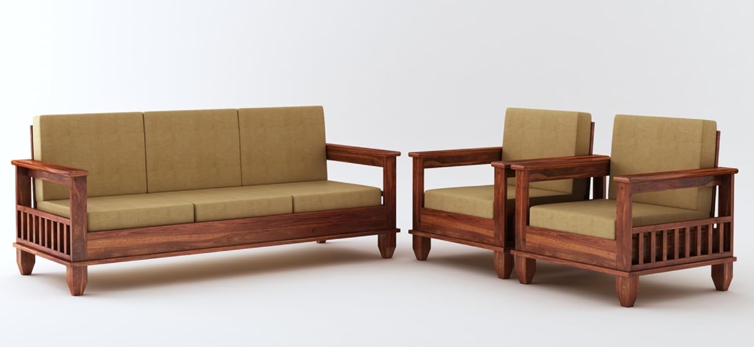 STRATA FURNITURE Sheesham Wood 5 Seater Sofa Set for Living Room Home Office Hall Solid Wooden 3+1+1 Seater Sofa Set Furniture (Honey Finish)