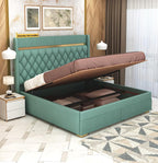 STRATA FURNITUR Sheesham Wood Queen Size Bed with Hydraulic Box Storage and Upholstery Tufted Headboard | Wooden Double Bed Cot Palang Furniture for Bedroom, Hotels, Living Room, and Home (Greendust)
