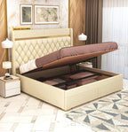 STRATA FURNITUR Sheesham Wood Queen Size Bed with Hydraulic Box Storage and Upholstery Tufted Headboard | Wooden Double Bed Cot Palang Furniture for Bedroom, Hotels, Living Room, and Home (Beige)