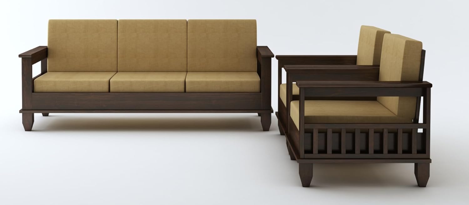 STRATA FURNITURE Sheesham Wood 5 Seater Sofa Set for Living Room Office Hall Solid Wooden 3+1+1 Seater Sofa Set Furniture (Walnut Finish)
