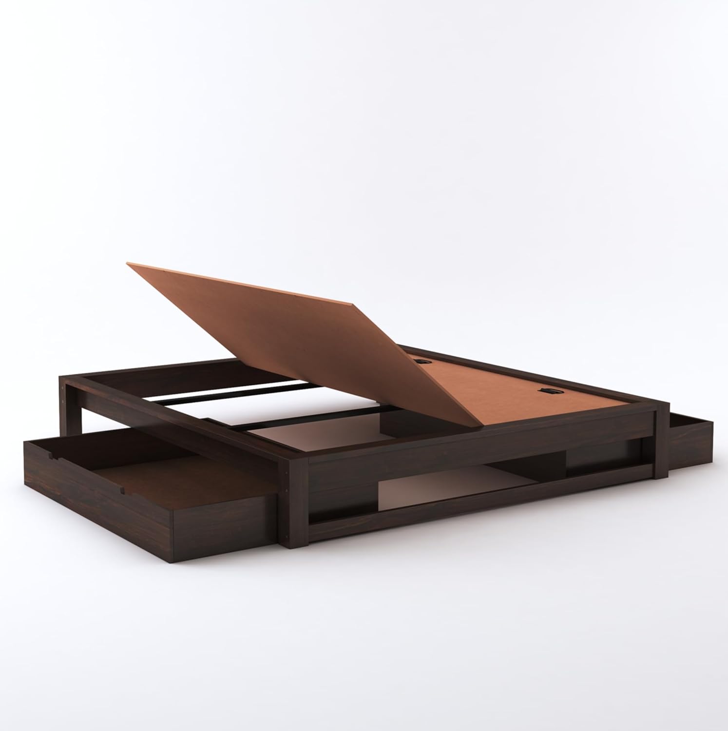 STRATA FURNITURE Solid Sheesham Wood Low Height Platform King Size Bed with Storage for Bedroom Wooden Double Bed (Walnut Finish)