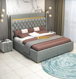 STRATA FURNITUR Sheesham Wood Queen Size Bed with Box Storage and Upholstery Tufted Headboard | Modern Wooden Double Bed Cot Palang Furniture for Bedroom, Hotels, Living Room, and Home (Grey)