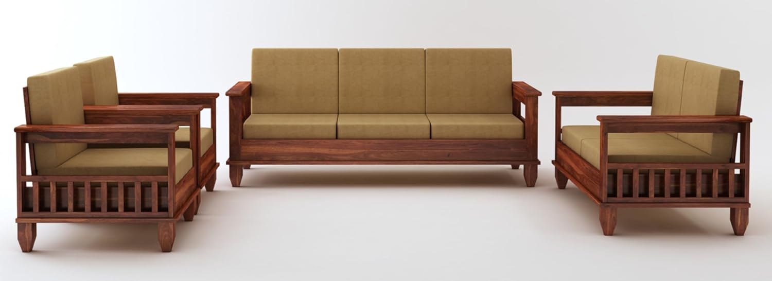 STRATA FURNITURE Sheesham Wood 7 Seater Sofa Set for Living Room Home Office Hall Solid Wooden 3+2+1+1 Seater Sofa Set Furniture (Honey Finish)